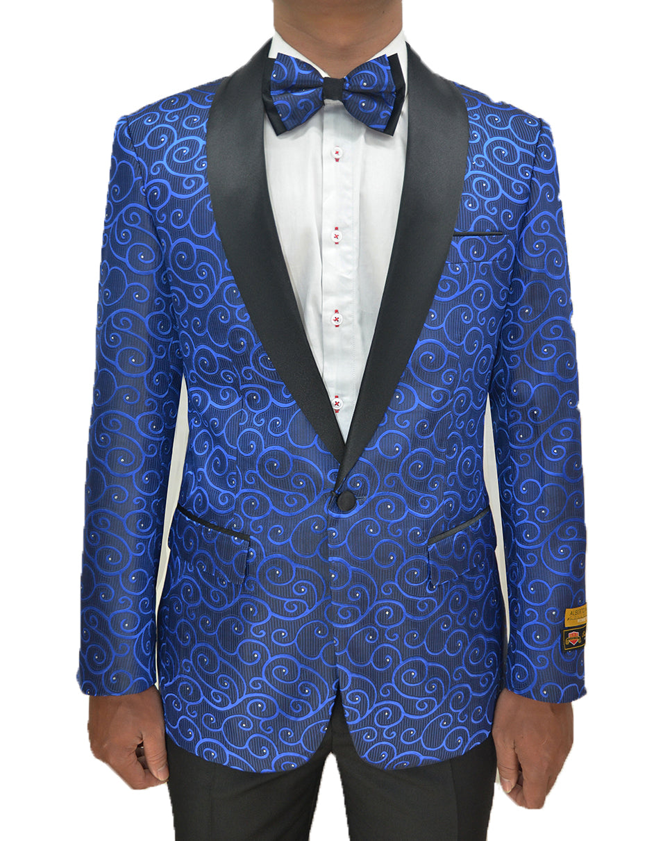 XS Mens Swirl Diamond Pattern Tuxedo Jacket in Royal Blue Black