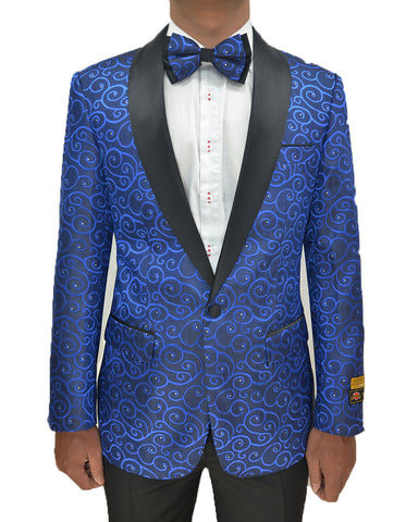 Mens Swirl & Diamond Pattern Tuxedo Jacket in Royal Blue & Black