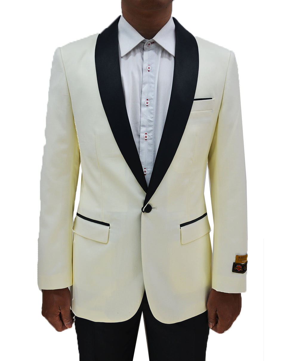 Mens One Button Contrast Shawl Collar Dinner Jacket Ivory & Black