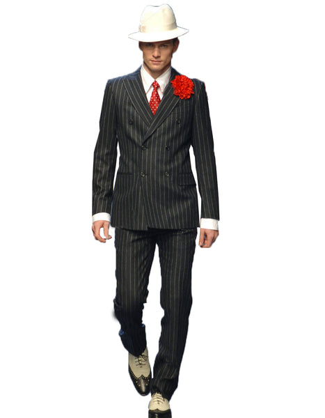 a man wearing a Double Breasted Gangster Pinstripe Suit in Black with a red tie, red flower, and a white fedora hat