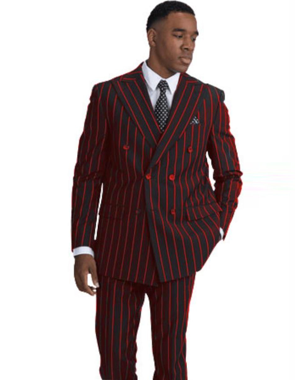 Mens Double Breasted Gangster Pinstripe in Black & Red