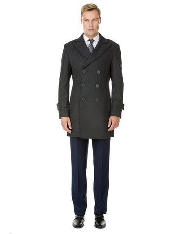 Mens Modern Double Breasted Wool Pea Coat in Charcoal Grey