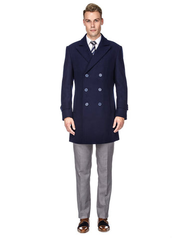 Mens Modern Double Breasted Wool Pea Coat in Navy Blue