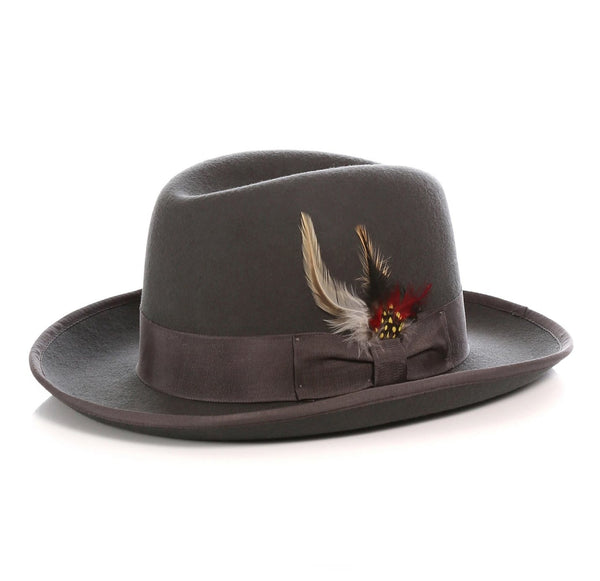 Mens Gangster Godfather Hat in Charcoal with feather accent and gray grosgrain bow ribbon