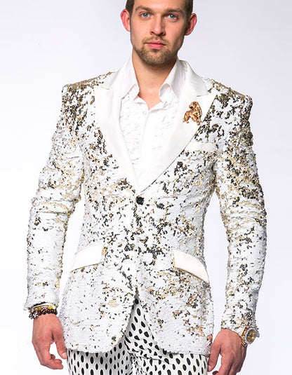 Mens White and Gold Reversible Sequin Prom and Wedding Blazer Mens White and Gold Reversible Sequin Prom and Wedding Blazer