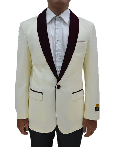 Mens One Button Contrast Shawl Collar Dinner Jacket Ivory & Burgundy