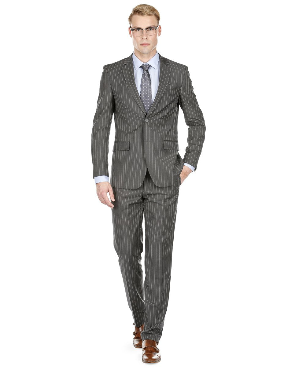 Mens Modern Fit Gangster Pinstripe Suit Charcoal Grey