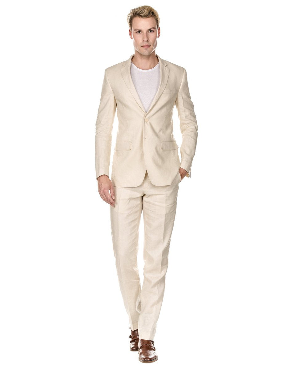 Mens Modern Fit Linen Wedding Suit Natural Tan