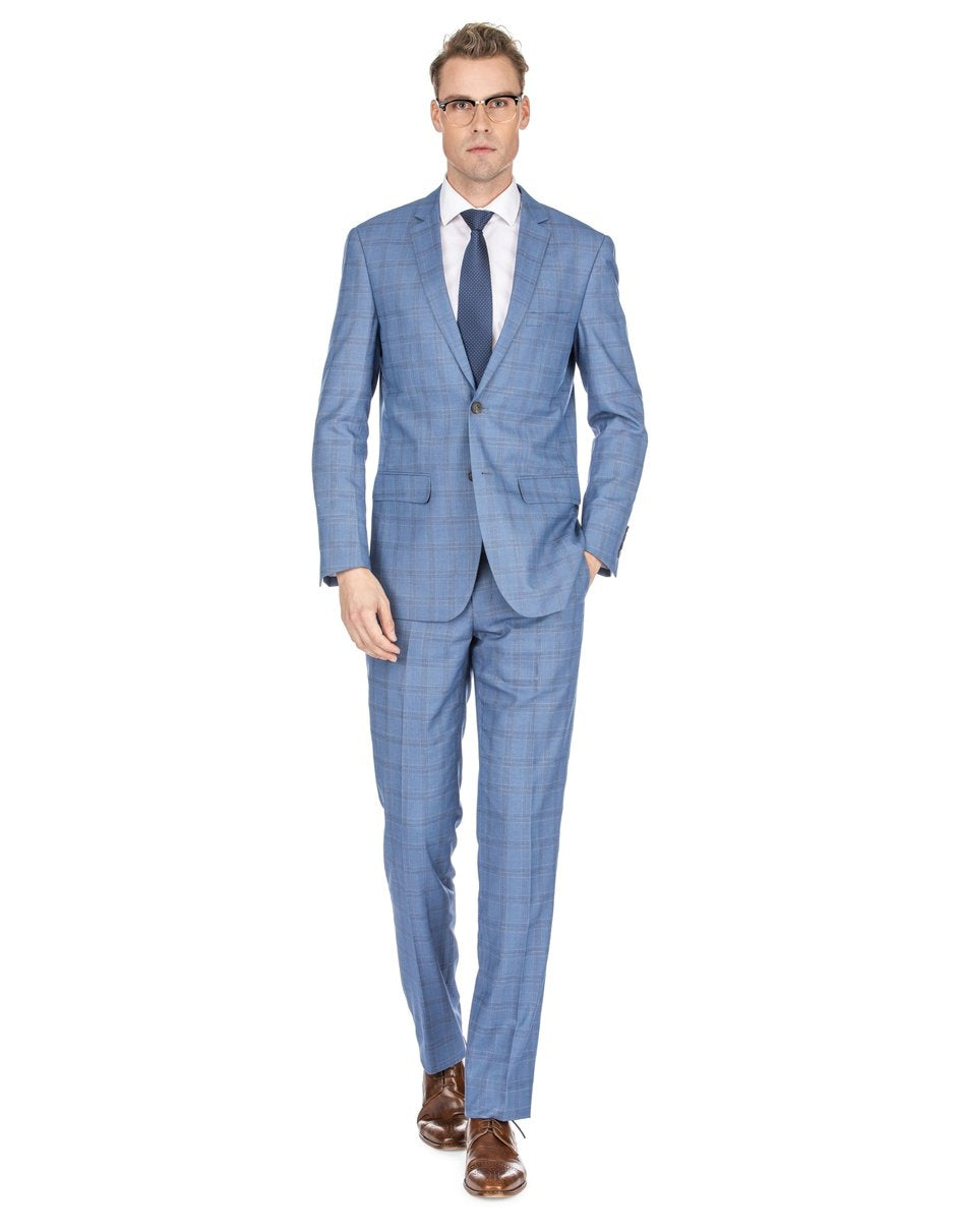 Mens Modern Fit Plaid Suit Blue - Men's Tuxedo USA