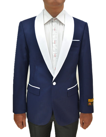 Mens One Button Contrast Shawl Collar Dinner Jacket Navy & White