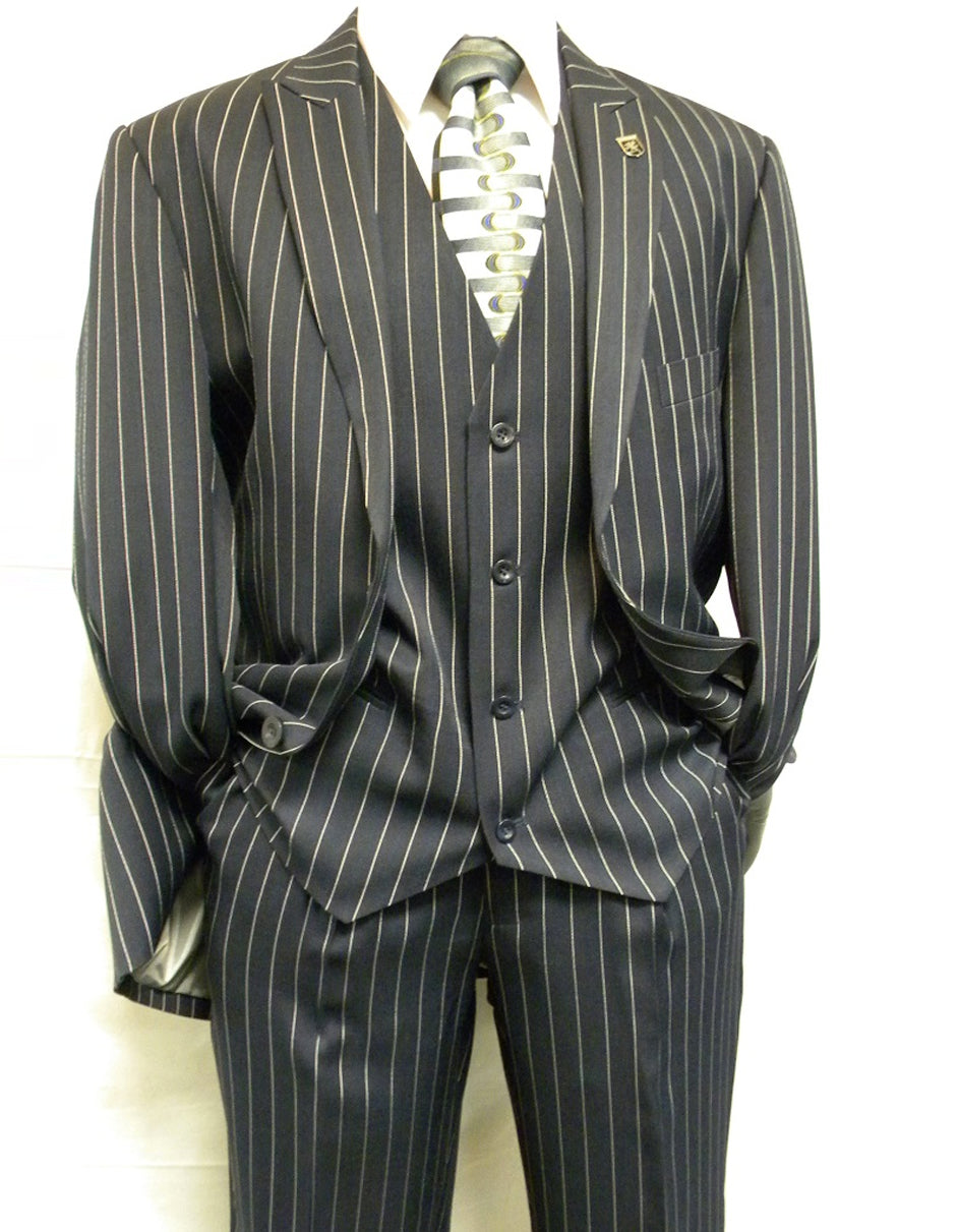 Mens 2 Button Gangster Pinstripe Suit in Navy