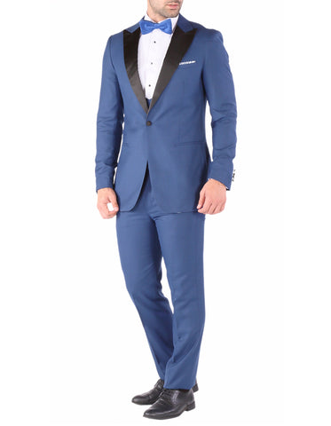 Mens Vested Slim Fit Peak Prom Tuxedo in Indigo Blue