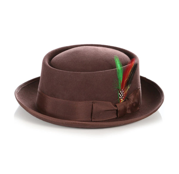 Mens Pork Pie Hat in Brown with grosgrain ribbon and multi-color feather accent