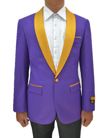 Mens One Button Contrast Shawl Collar Dinner Jacket Purple & Gold