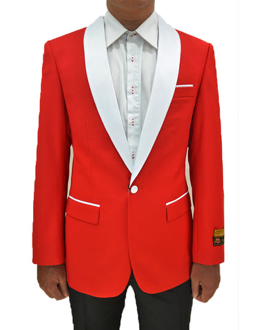 Mens One Button Contrast Shawl Collar Dinner Jacket Red & White