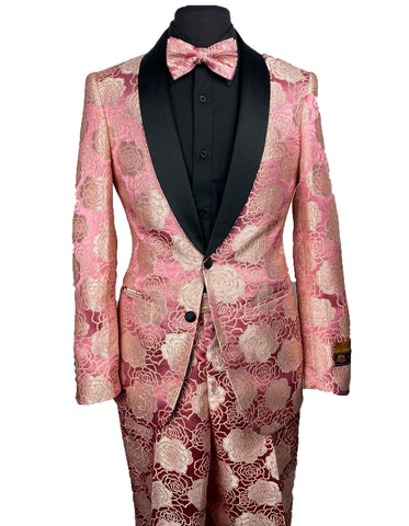 Mens Rose Pink Floral Prom Tuxedo Package w/ Matching Pants & Bowtie