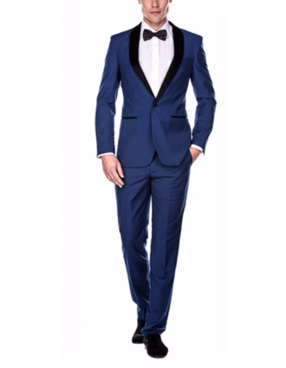 Mens Slim Fit 1 Button Shawl Prom Tuxedo in Royal Blue