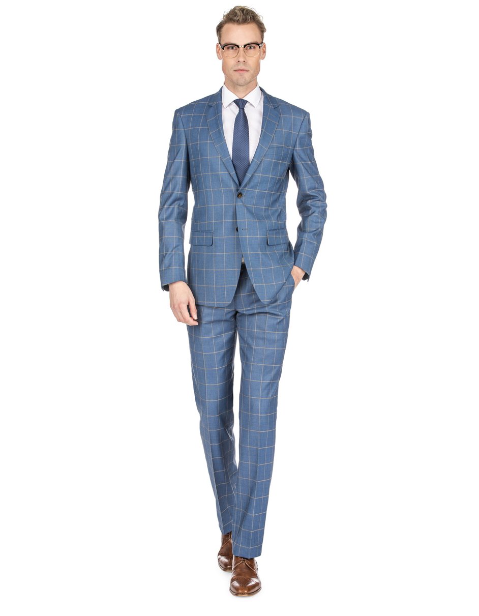 Mens Slim Fit Window Pane Suit Teal Blue