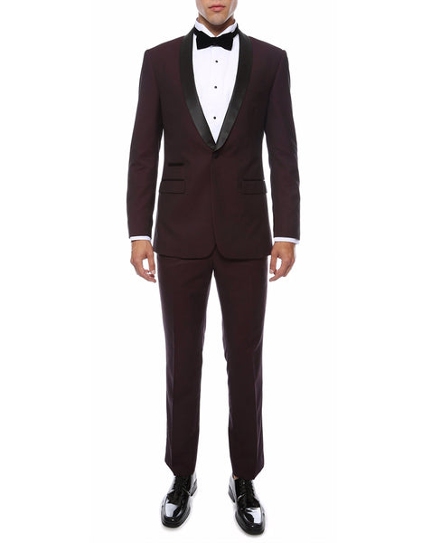 Mens Skinny Fit Shawl Prom Tuxedo in Burgundy