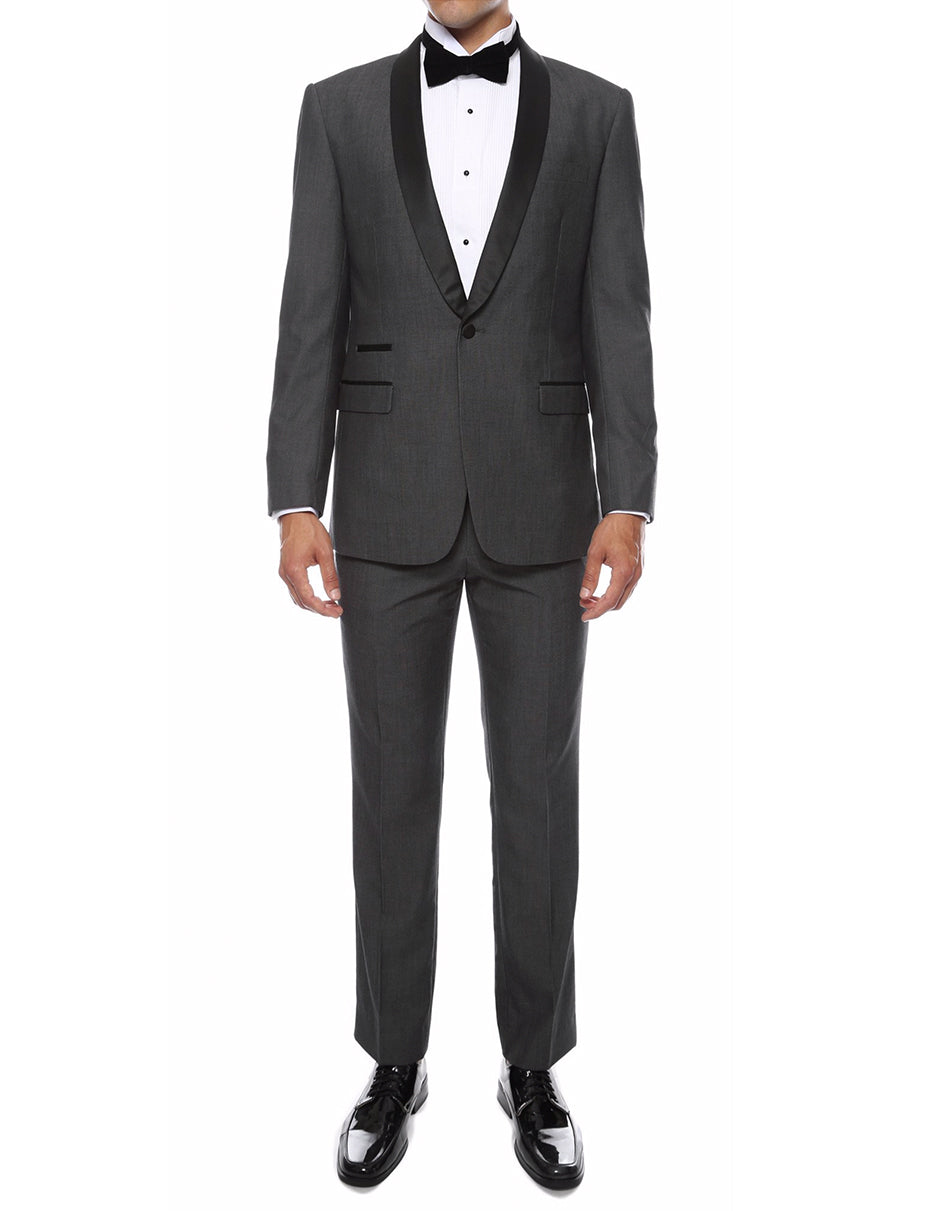 Mens Skinny Fit Shawl Prom Tuxedo in Charcoal Grey