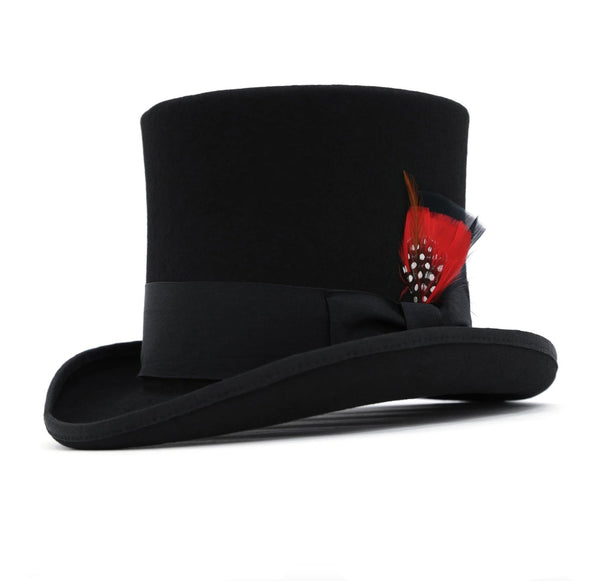 Mens Dress Tophat in Black with black grosgrain bow ribbon and red accent