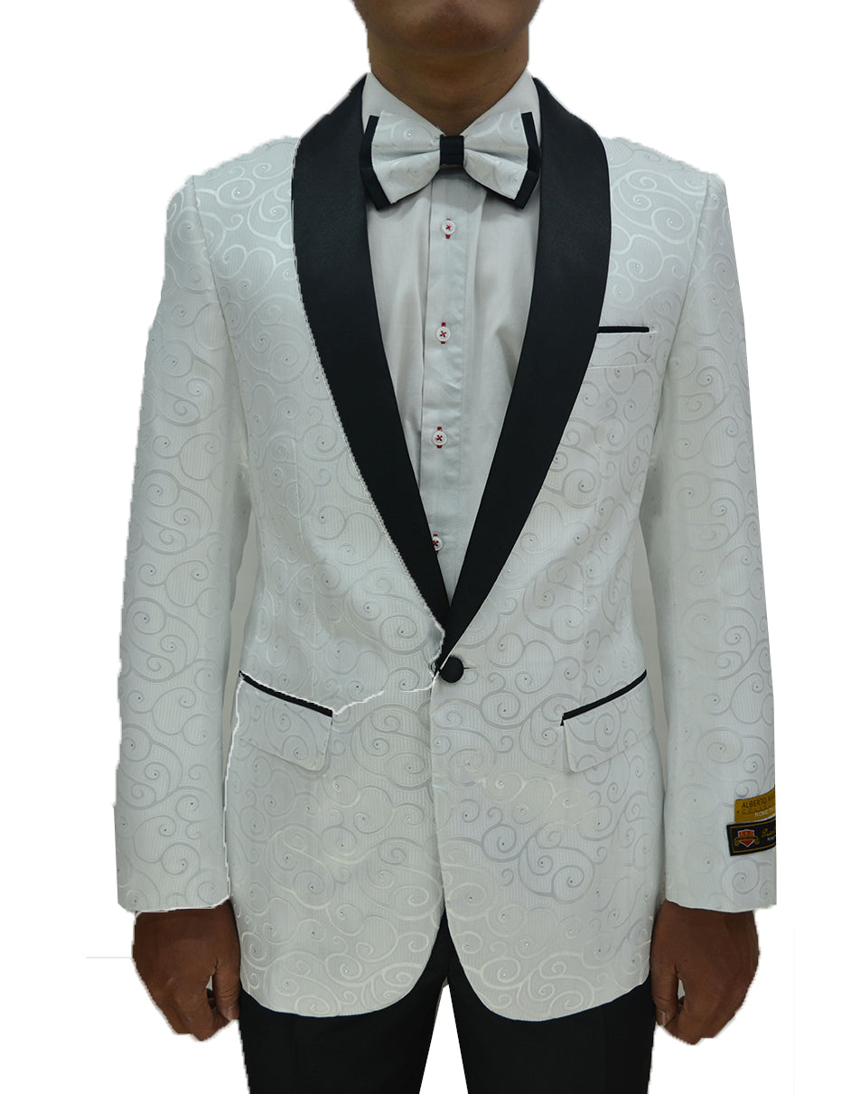 Mens Swirl & Diamond Pattern Prom Tuxedo Jacket in White & Black