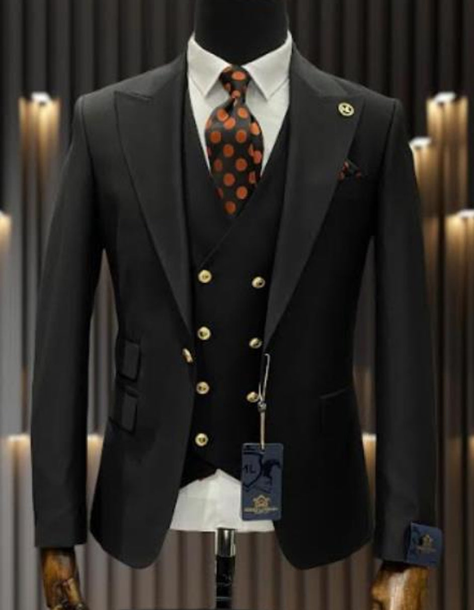 Mens One Button Peak Lapel Vested Wool Suit with Gold buttons in Black