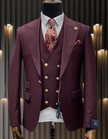 Mens One Button Peak Lapel Vested Wool Suit with Gold buttons in Burgundy