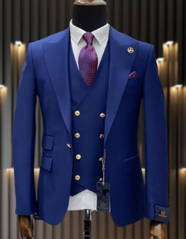 Mens One Button Peak Lapel Vested Wool Suit with Gold buttons in Sapphire Blue