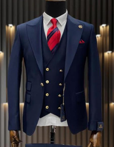 Mens One Button Peak Lapel Vested Wool Suit with Gold buttons in Navy Blue