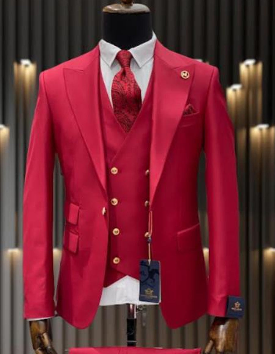 Mens One Button Peak Lapel Vested Wool Suit with Gold buttons in Red
