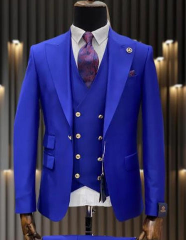 Mens One Button Peak Lapel Vested Wool Suit with Gold buttons in Royal Blue