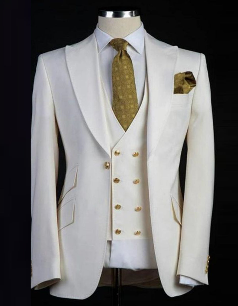 Mens One Button Peak Lapel Vested Wedding Suit with Gold buttons in White