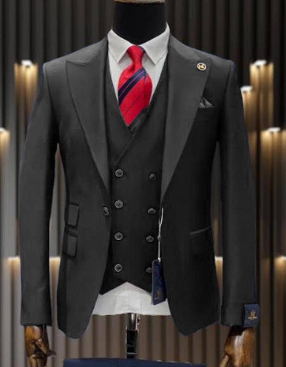 Mens One Button Peak Lapel Double Breasted Vest Wool Suit in Charcoal Grey