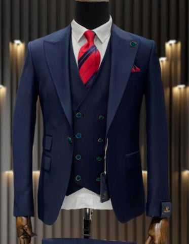 Mens One Button Peak Lapel Double Breasted Vest Wool Suit in Navy