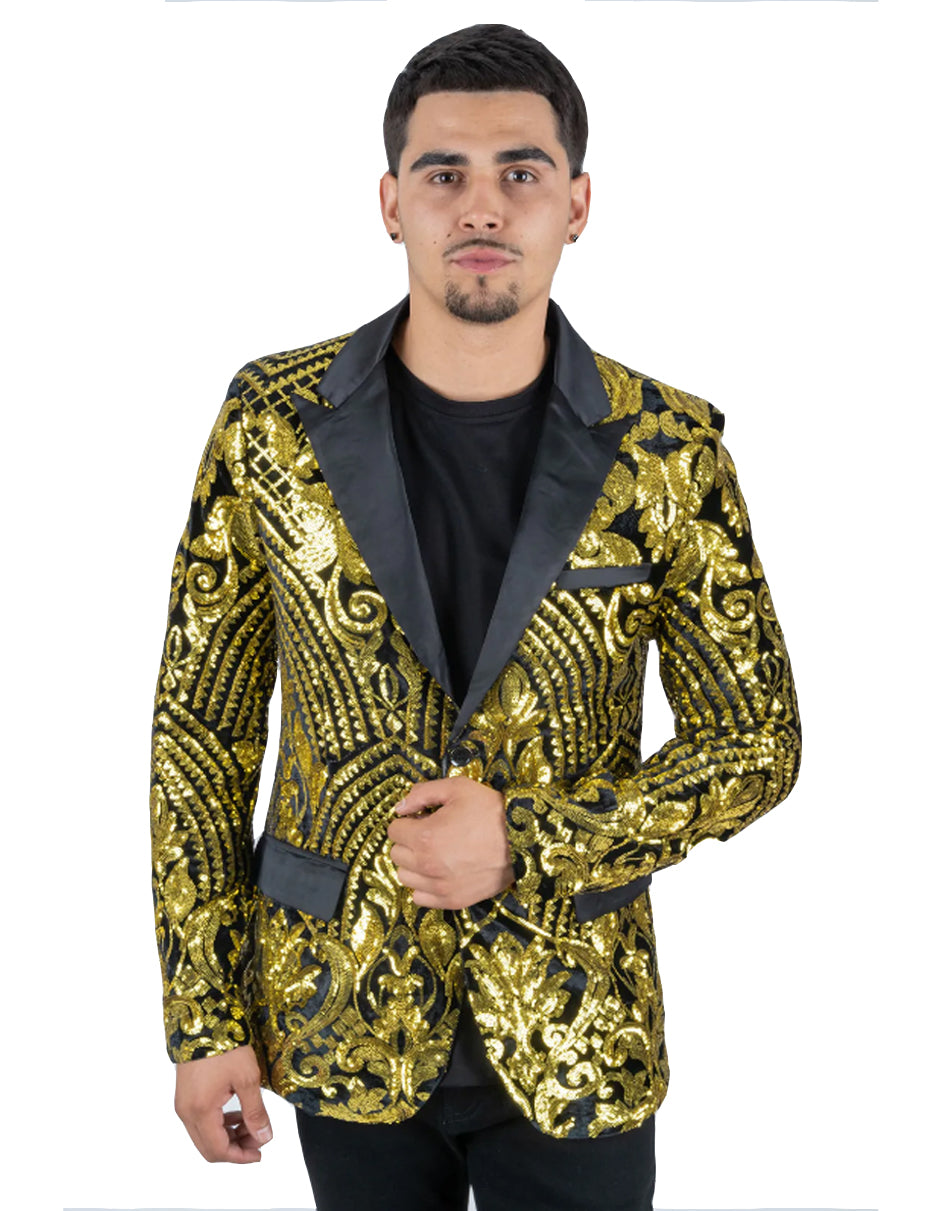 Mens Black & Gold Paisley Sequin Prom Blazer Tuxedo