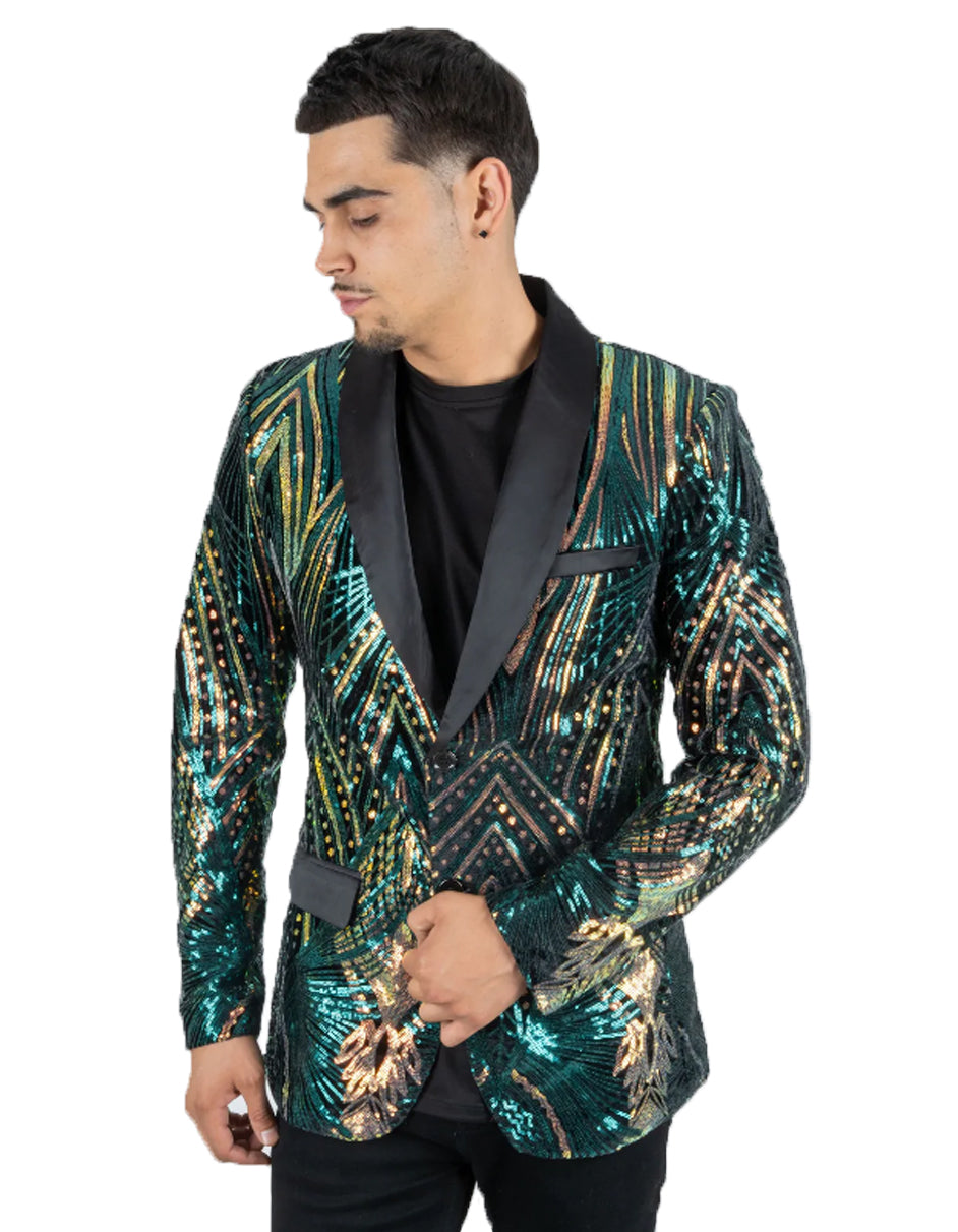 Mens Emerald Green & Gold Linear Sequin Prom Blazer Tuxedo