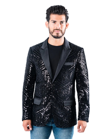 Mens Hexagon Pattern Sequin Prom Blazer Tuxedo in Black