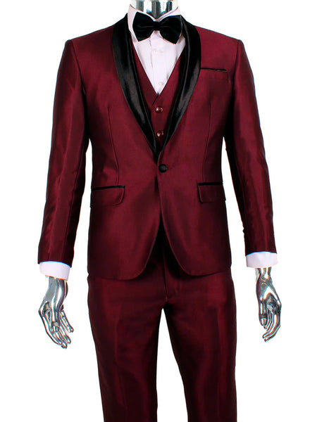 Mens 1 Button Shawl Lapel Vested Wedding | Prom Tuxedo in Burgundy Sha