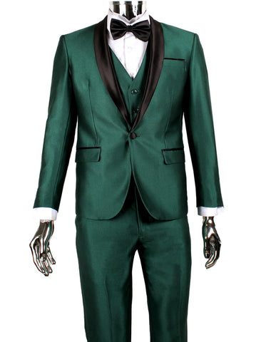 Mens 1 Button Shawl Lapel Vested Wedding | Prom Tuxedo in Emerald Green Sharkskin