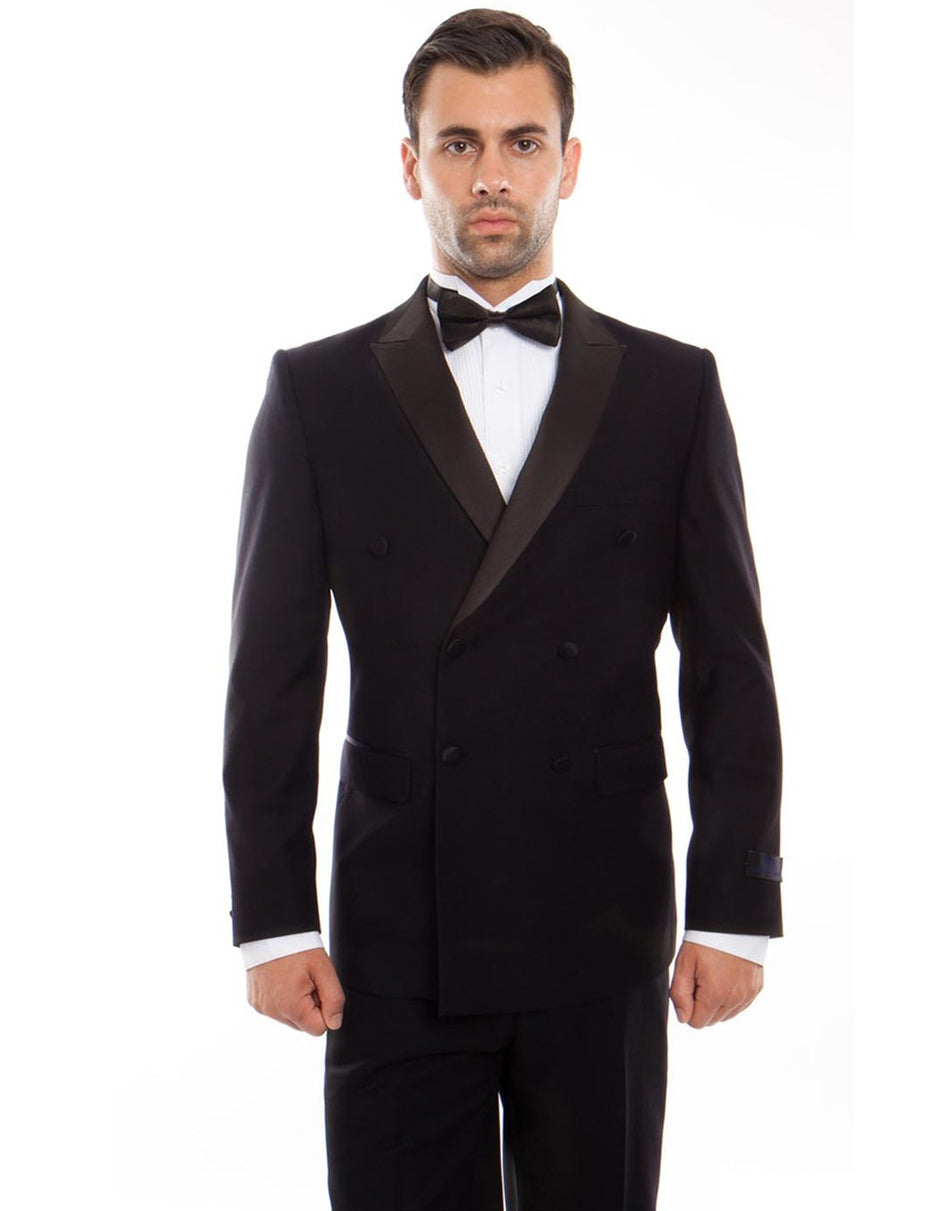 Mens Slim Fit Double Breasted Wool Tuxedo in Black