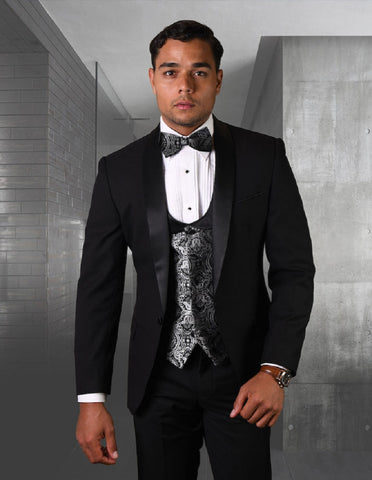 Mens One Button Shawl Tuxedo with Paisley Scoop Neck Vest in Black