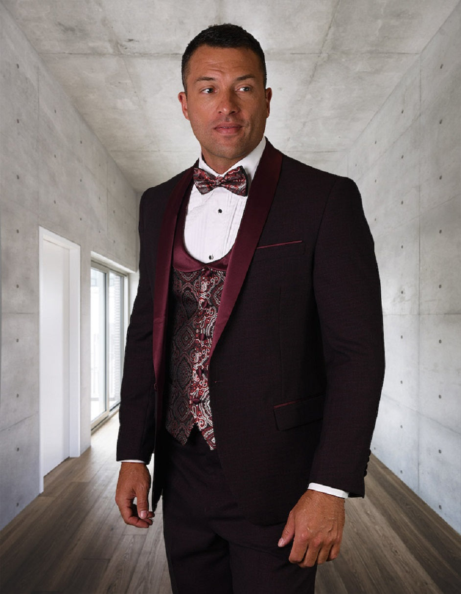 Mens One Button Shawl Tuxedo with Paisley Scoop Neck Vest in Burgundy