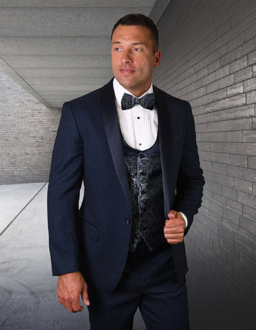 Mens One Button Shawl Tuxedo with Paisley Scoop Neck Vest in Indigo Blue
