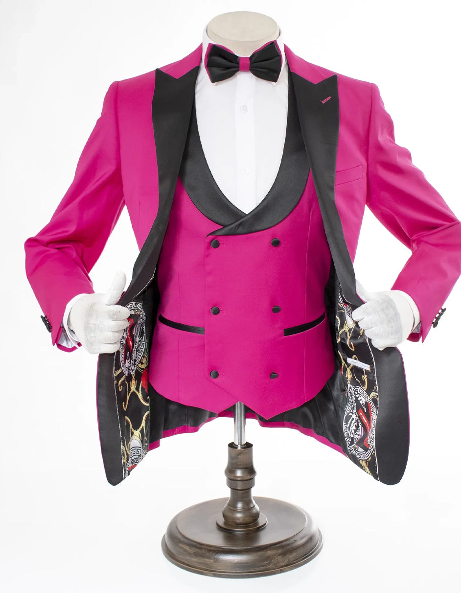 Mens 2 Button Peak Lapel Prom Tuxedo with Double Breasted Vest in Rose Pink