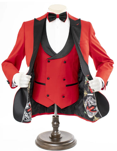 Mens 2 Button Peak Lapel Prom Tuxedo with Double Breasted Vest in Red