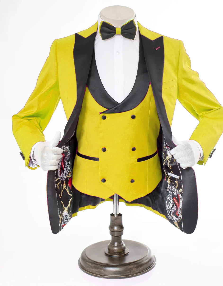 Mens 2 Button Peak Lapel Prom Tuxedo with Double Breasted Vest in Yellow