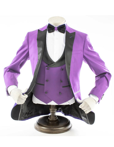 Mens 2 Button Peak Lapel Prom Tuxedo with Double Breasted Vest in Lavender