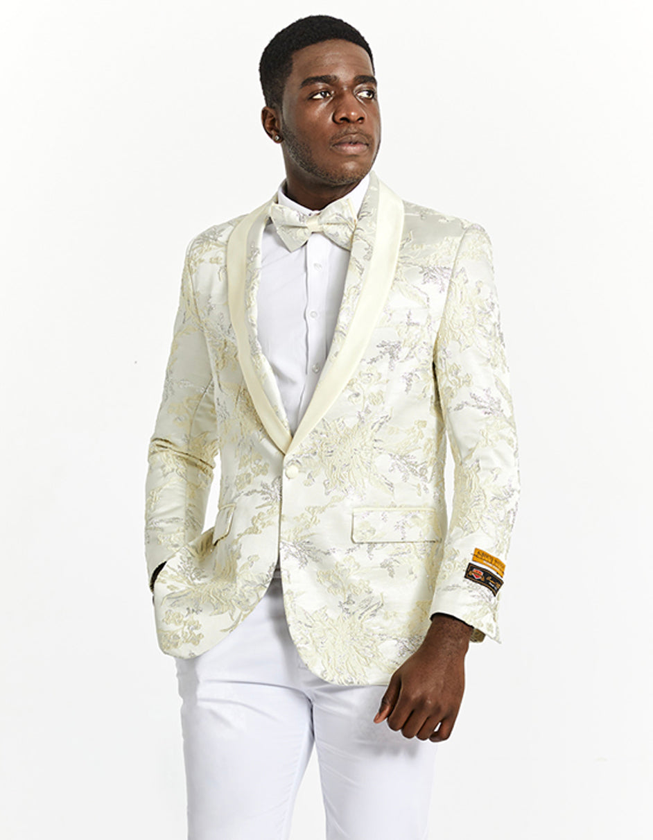 3X-Large Mens Slim Fit Ivory Gold Floral Prom Tuxedo Dinner Jacket