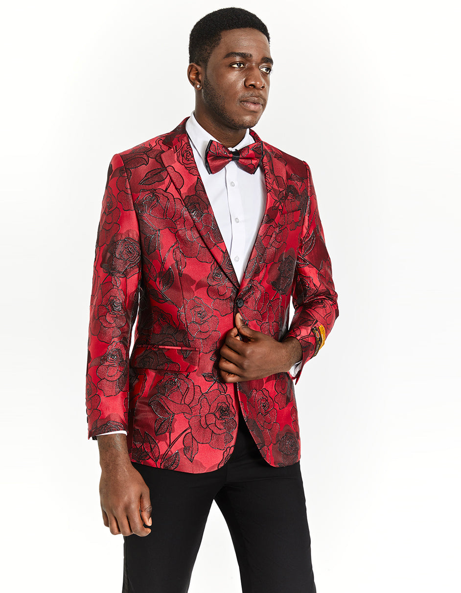 Mens Red Paisley Floral Prom Tuxedo Dinner Jacket